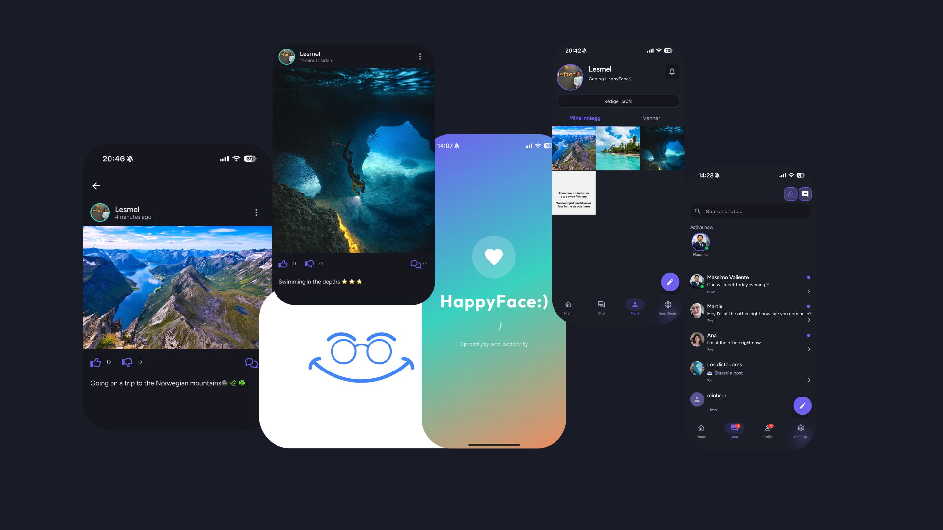 Several HappyFace:) screens shown together: post, profile, launch screen and chat.